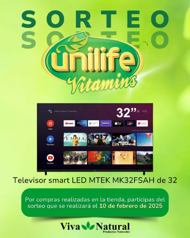 🌿 ¡Sorteo televisor smart LED MTEK MK32FSAH de 32 patrocinado por Unilife! 🌿

Por compras realizadas en la tienda ya estarás participando del sorteo.

📅 Fecha del sorteo: 10 de febrero de 2025
📍 Dónde: Viva Natural
¡No esperes más! Comprá ya y asegurá tu lugar en este sorteo imperdible.