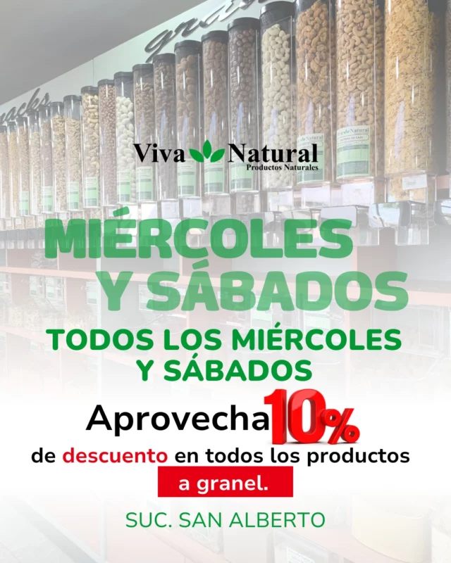 Aprovecha un 10% de descuento en todos nuestros productos a granel. 🌱 

Lleva lo mejor de la naturaleza a tu hogar y disfruta de la calidad y frescura que solo nosotros te ofrecemos.

📲 Hacé tu pedido ahora: (0984) 391 051
(0983) 615 514
🌍 Envíos a todo el país